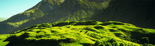 People on horses riding through very green hills